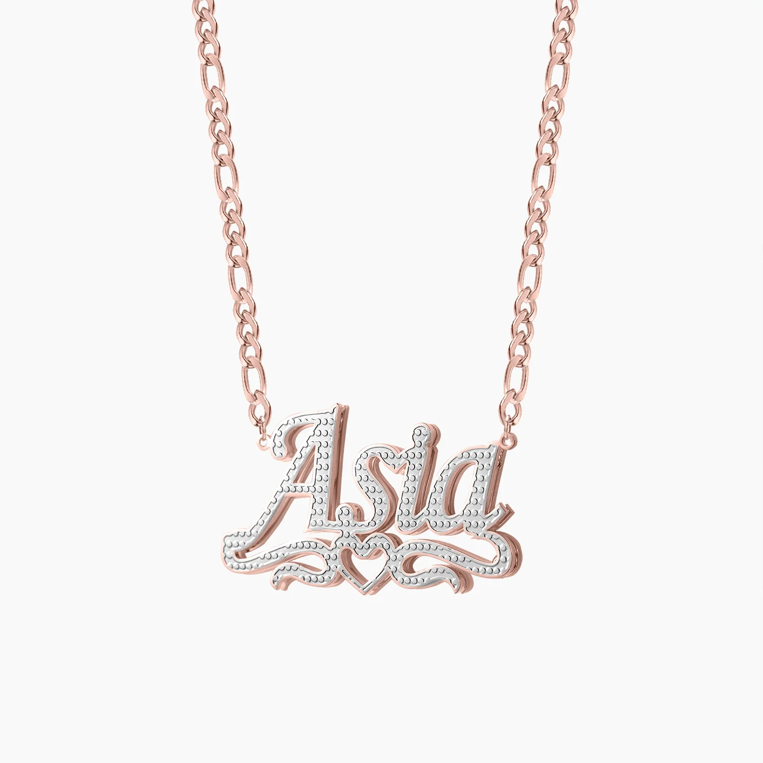 Double Plated Heart Title Name Necklace w/ Figaro Chain - Image 6